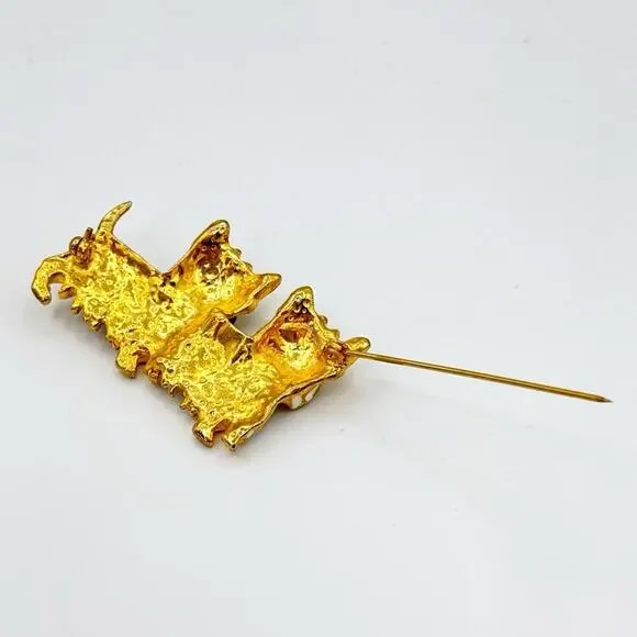 Vintage Gold Tone Yorkshire Terrier Scottie Black White Two Dogs Pin Brooch - Picture 3 of 4